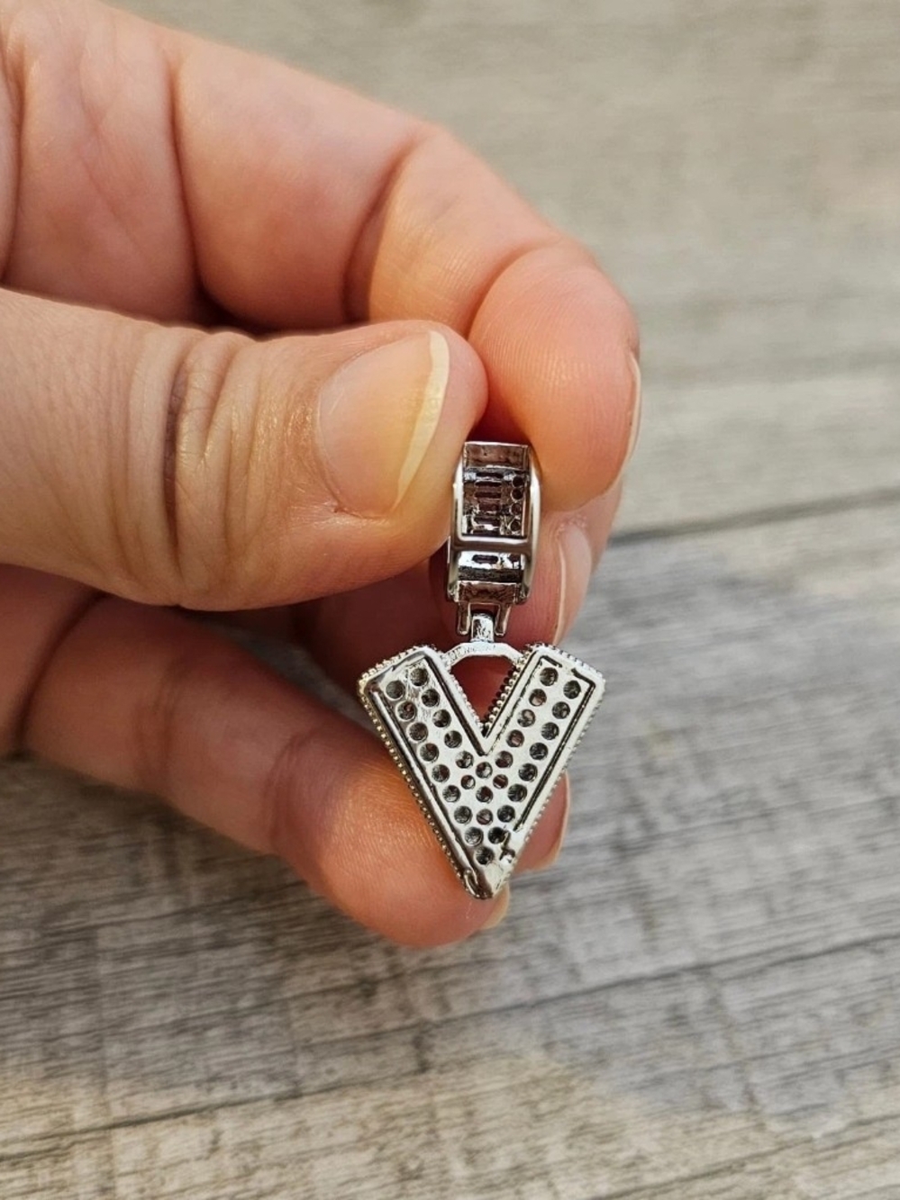 Sterling Silver 'V' Initial Pendant with Clear CZ Accents - Picture 2 of 2